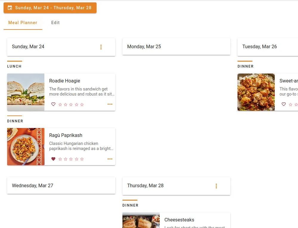 Meal planning screenshot